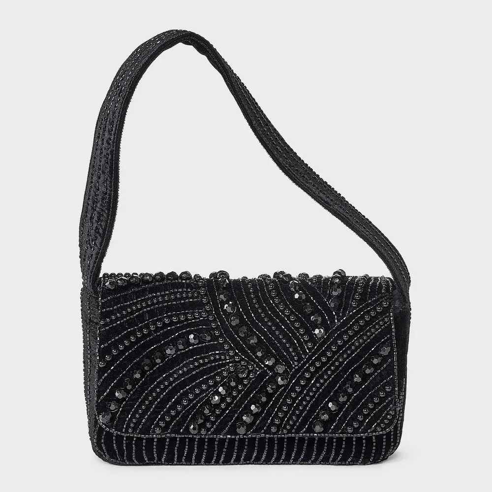 Embellished Flap Shoulder Bag - A New Day Black