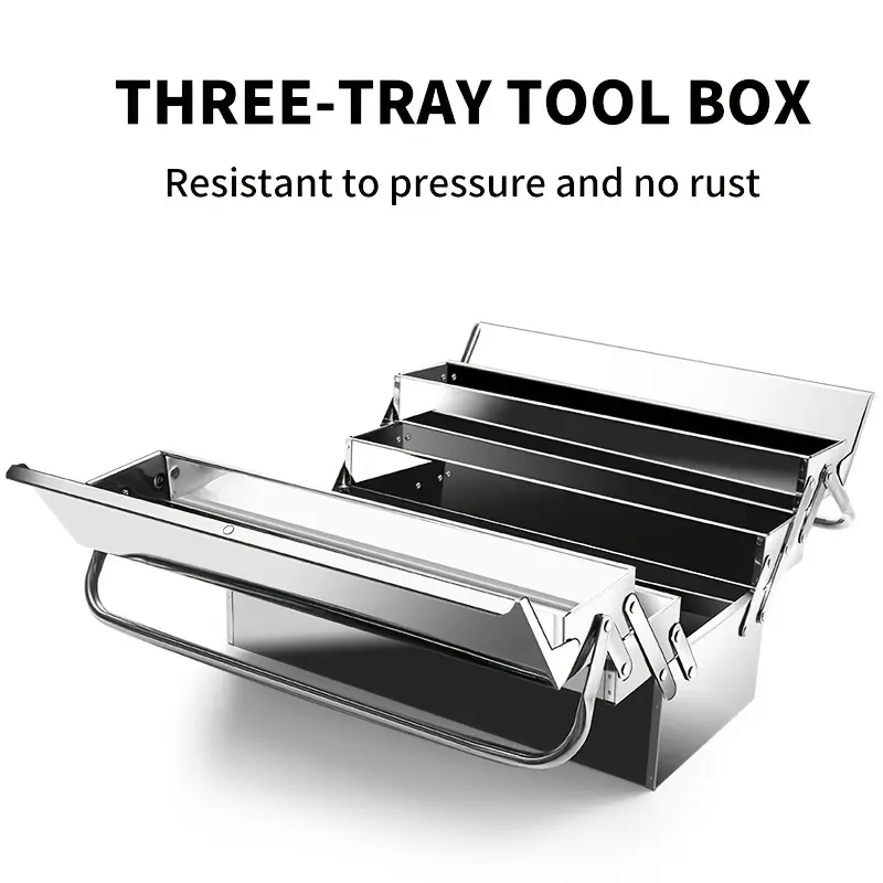 OUDISI Extra Large Heavy Duty Metal Stainless Steel Folding Tool Box - Lock Mechanism, 2-Layer/3-Layer Multi-Trays Design, Waterproof, Rust-Proof, Spacious Storage for Workshop, Garage