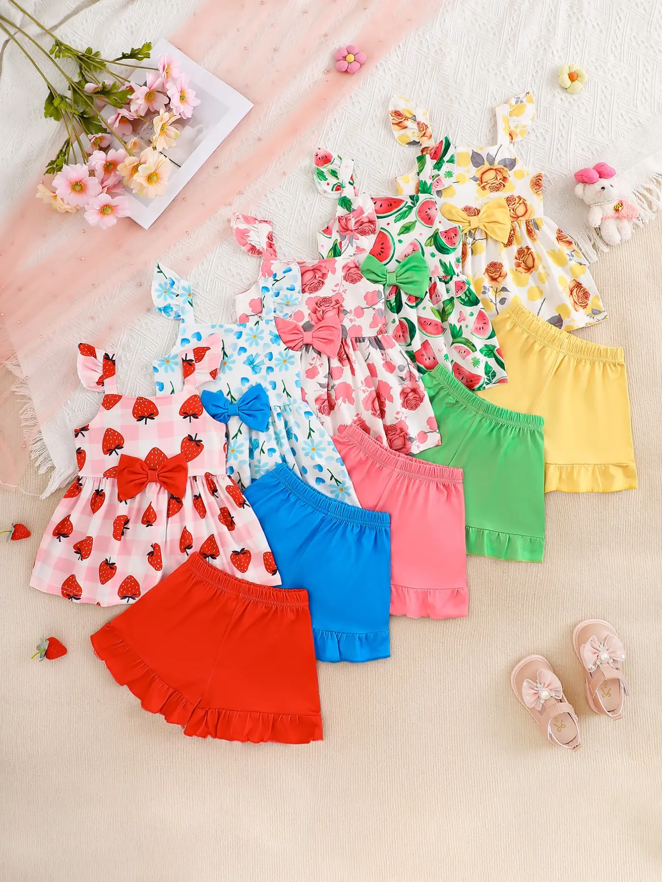 Baby Girl Infant Casual Style Strawberry Blue Heart Bow Rose Watermelon Rose Print Soft Fabric Vest Dress Shorts Set