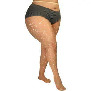 Plus Size Fishnet Tights Sparkly Mesh Stockings Glitter Pantyhose Rhinestone