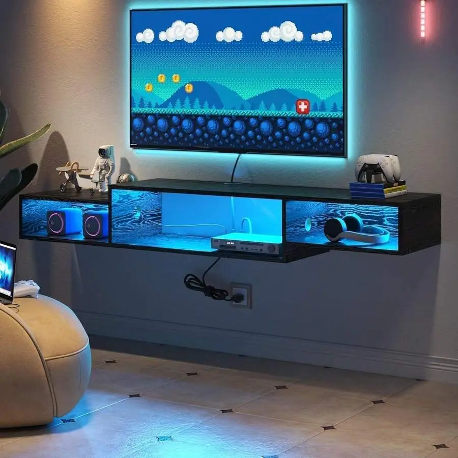 TV Shelf With LED Lights And Power Outlet, 59" TV Stand For Cable Box Audio Video, Floating Entertainment Center For Living Room Bedroom, Black/ Brown Wall Mounted