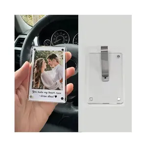 2 Pack Acrylic Magnetic Car Photo Frame, Dual-Sided Refrigerator Magnet Frames with Adhesive Hooks, Mini Transparent Fujifilm Picture Holder, Picture Frame Set