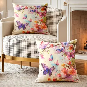 2PACK -Spring Linen Pillow Covers Colorful Floral Butterfly Linen Pillow Covers,Spring Summer Butterfly Floral Pillowcase Rustic Farmhouse Decorative Linen Cushion Case for Sofa Couch Indoor,Outdoor