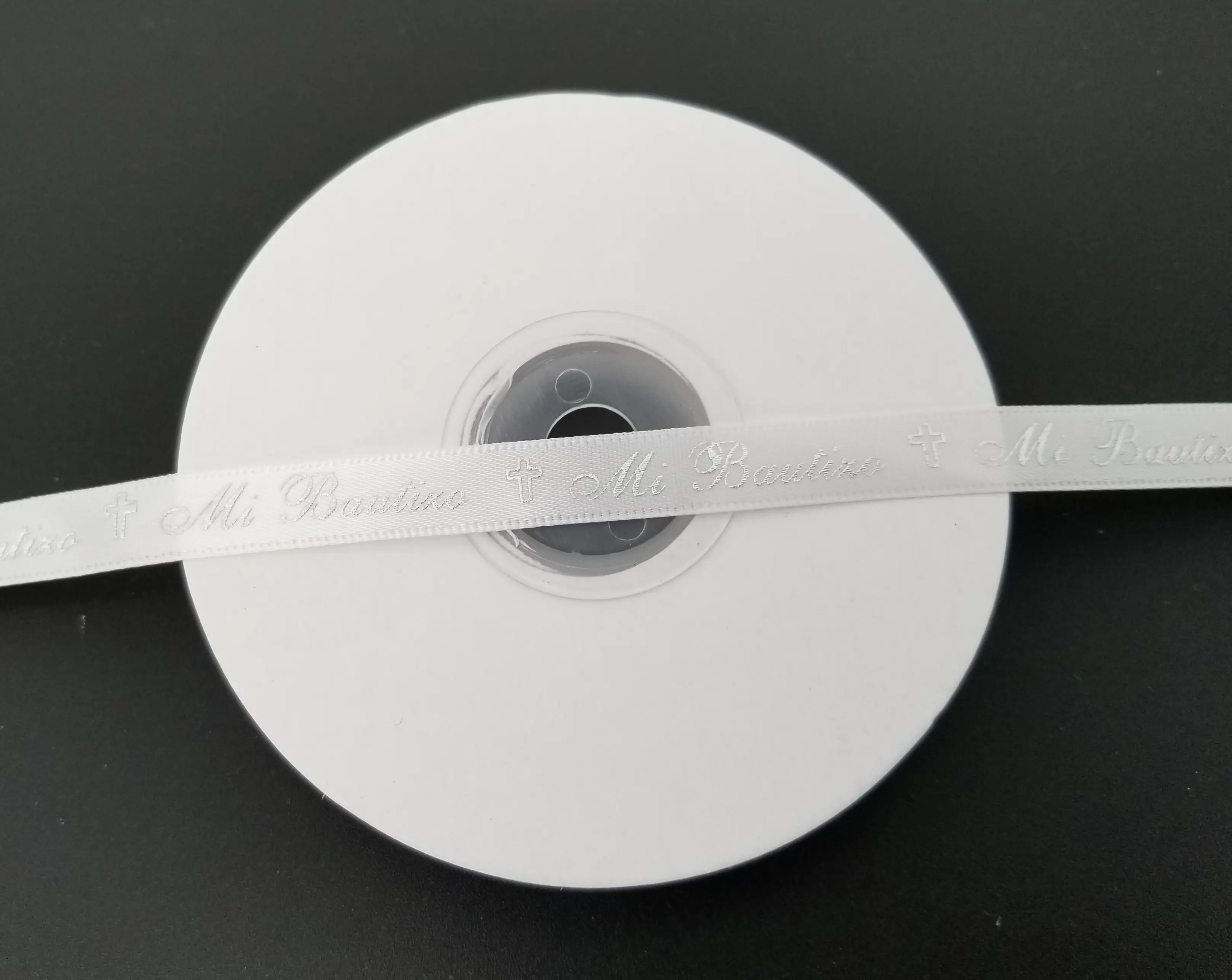 Single Face"MI BAUTIZO" Ribbon White & Sliver Letter Single Face"MI BAUTIZO" Ribbon White & Sliver Letter
