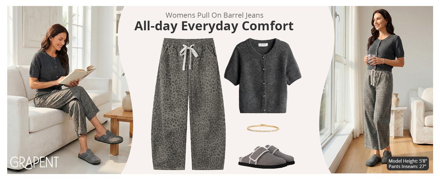 【GRAPENT Barrel Jeans Collection】Women's High-Waisted Stretchy Leopard Print Pull-On Cropped Ankle Denim Bottoms, Stylish Women's Wear for Early Fall Backtoschoolshopping, Women's Fashion Essential