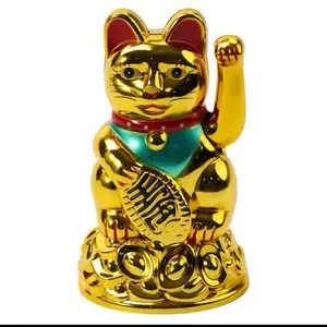 Lucky Cat Gold Fortune Cat Figurine with Waving Arm for Home Decor and Good Luck Charm