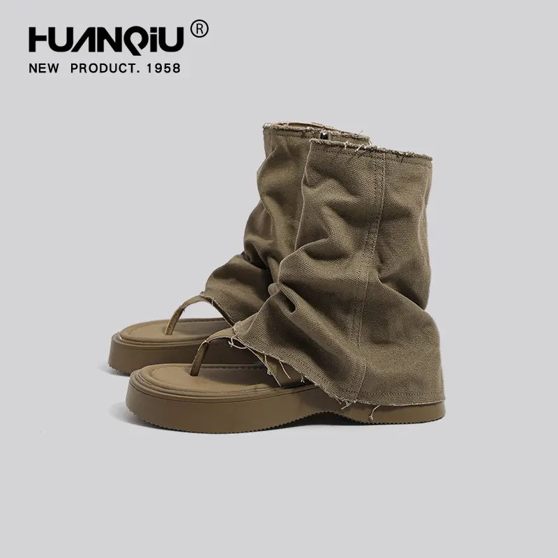 HUANQIU Women's Summer Fold-Over Shaft Boots - Toe Denim Western Booties, Casual Low-Heel Slouchy Gaiter Boots, Trendy High-Street Fashion Slip-On Statement Shoes