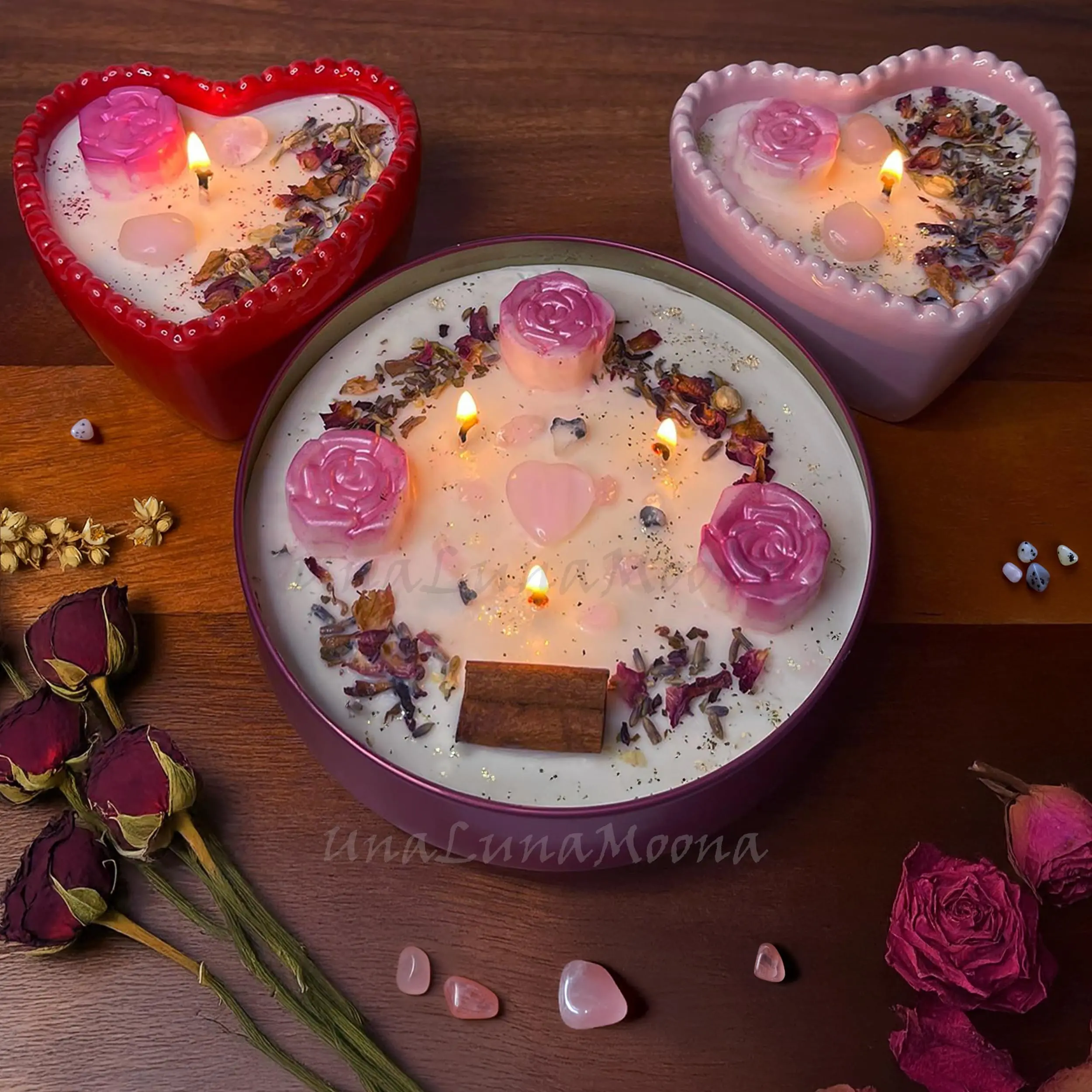 UnaLunaMoona Valentine Mother’s Day candle gift-Love Candle - Organic Soy Wax - Red Heart, Tender Heart & Harmony Glow - Handmade candle with Authentic Rose Quartz & Moonstone - Floral, Unscented, Traditional, Light, Ornaments, Fragrance, Decor Decoration