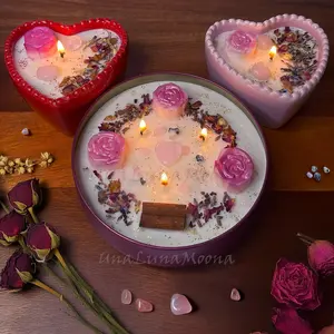 UnaLunaMoona Valentine Mother’s Day candle gift-Love Candle - Organic Soy Wax - Red Heart, Tender Heart & Harmony Glow - Handmade candle with Authentic Rose Quartz & Moonstone - Floral, Unscented, Traditional, Light, Ornaments, Fragrance, Decor Decoration