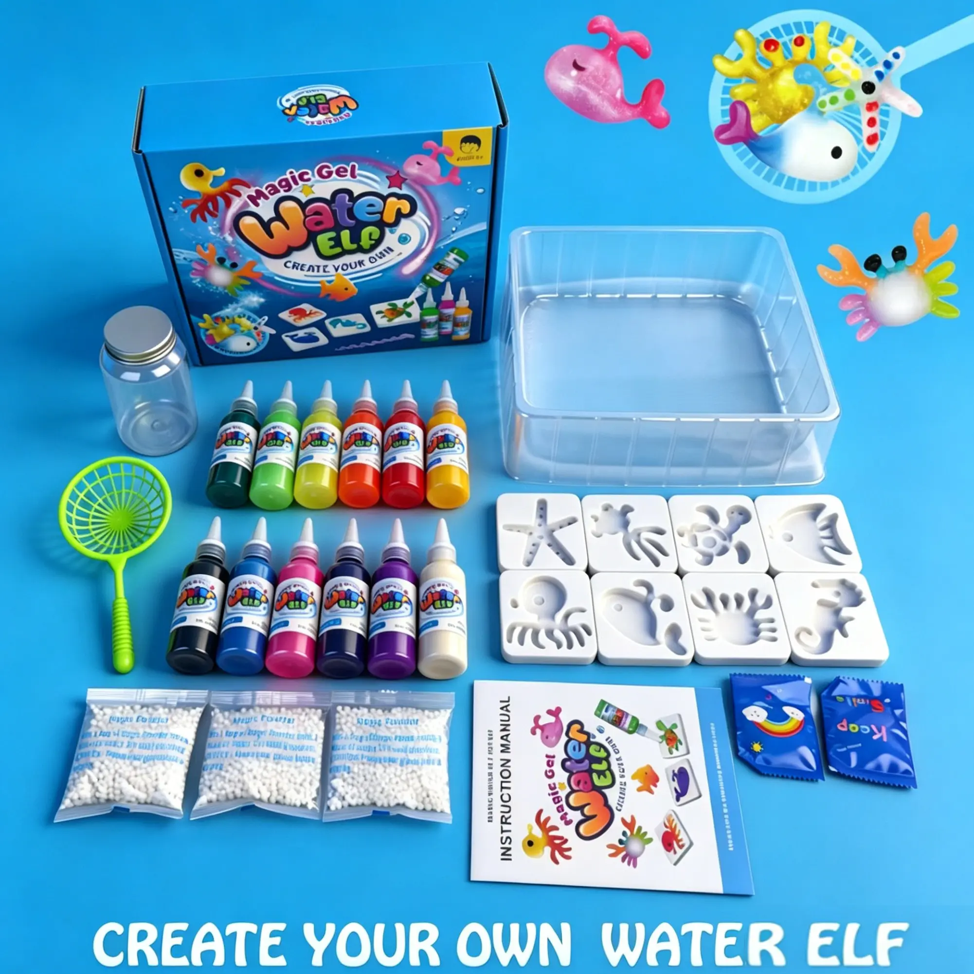 Magic Water Elf Toy Kit Squishy Toy for Kids,Water Pets Sensory Toys Art Set, Art Crafting Kit with 12 colored Magic Gels&8 Molds,Non-toxic and Safe Aqua Fairy Water Gel kit,Craft Play,Family-Friendly DIY STEM Science Project,Birthday Gift for Kids3+