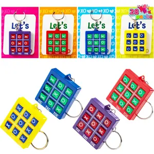 28 Pcs Valentine's Day Gift Cards with Tic-Tac-Toe Keychain, Valentines Days Keychain Set for Kids Party Favor, Classroom Exchange Prizes, Exchange Greeting Cards for Boys Girls