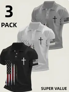 3-Pack Men's Short Sleeve Polo Shirts, Anniversary Pattern Collar, Ideal for Golf and Casual Wear, Lightweight Breathable Polyester Fabric