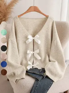 Women's Plain Bow Decor Fitted Knitted Sweater Cardigan, Casual Long Sleeve Knitwear for Spring & Fall, Fashion Women's Knit Clothing for Daily Wear