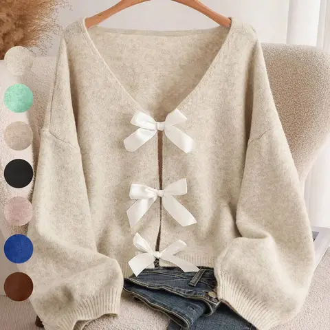 Women's Plain Long Sleeve Knitted Cardigan with Bow Detail, Casual Fitted Knitwear for Daily Wear, Spring & Fall Clothes, Fashion Women's Knit Clothing