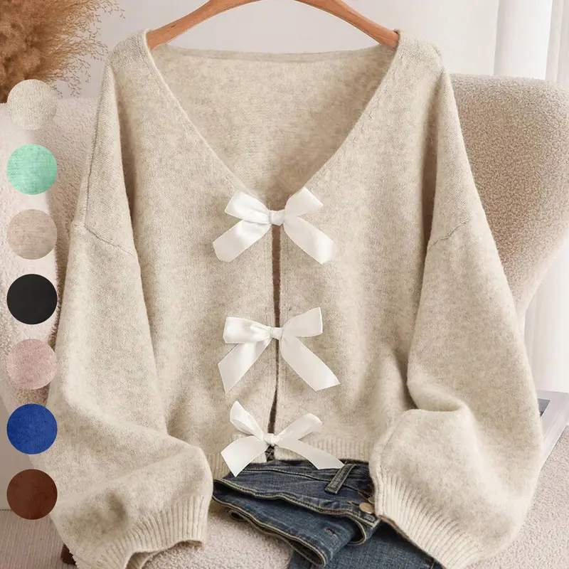 Women's Plain Long Sleeve Knitted Cardigan with Bow Detail, Casual Fitted Knitwear for Daily Wear, Spring & Fall Clothes, Fashion Women's Knit Clothing