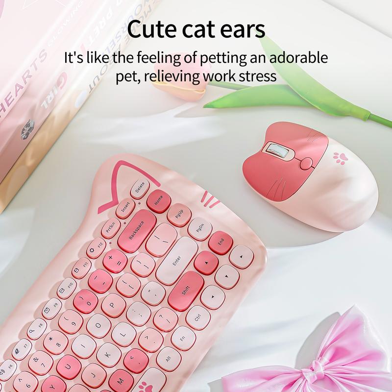 Mofii Pink Cat Keyboard and Mouse Combo, 2.4G Wireless Connection, Cute Aesthetic, Silent Office Use, Compact 2-Zone Keyboard, Universal for Desktops & Laptops, US QWERTY Layout (Batteries Not Included)