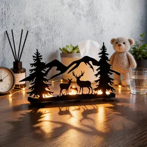 Metal Candle Holder with Deer Design, Rustic Forest Decor, Wildlife Tea Candle Stand, Lodge Home Decoration, Cabin Table Centerpiece