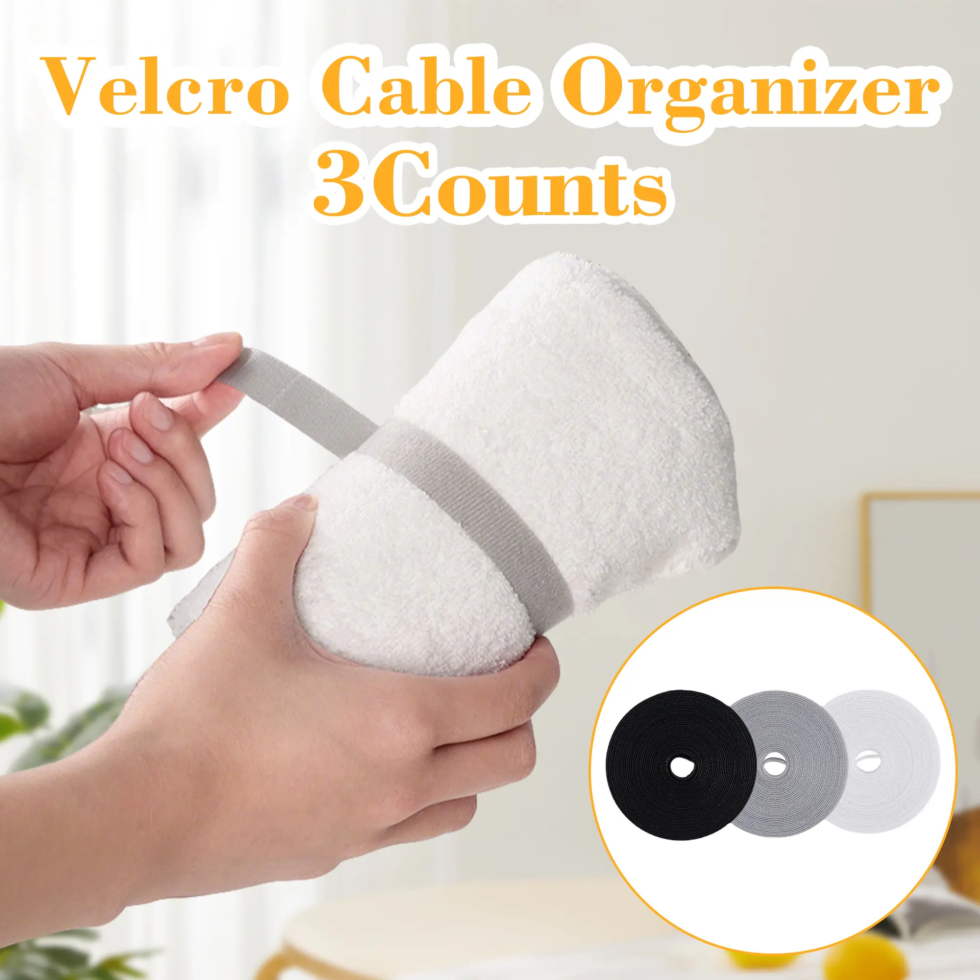 3-Count Custom Cut Reusable Double-Side Hook Velcro Fastening Tape, Double-Sided Roll for Cable Bundling, Gray/Black/White Home Supplies Accessory for Home Users