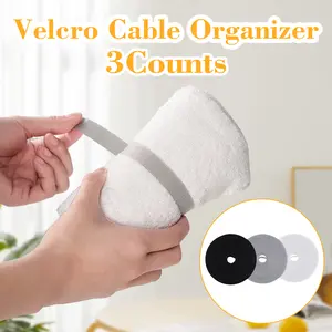 3 Counts Reusable Fastening Tape Cable Ties Double Side Hook Roll, cable management becomes easier with this tie roll，Gray&Black&White