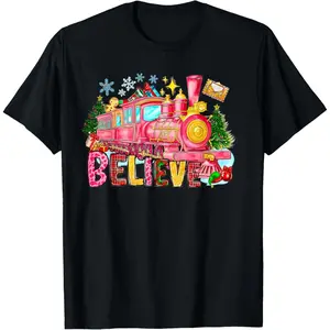 Believe Train Christmas North Pole Polar Express Family Xmas T-Shirt, 100% Cotton, Single Side Printed, Black Short Sleeve T-shirt, 1 pc, Christmas Halloween Thanksgiving Gift