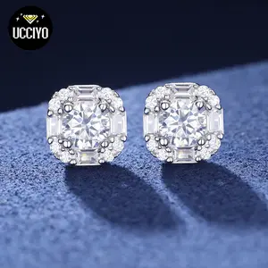 【#E250】925 Sterling Silver Synthetic Moissanite Square Halo Earrings for Women Men Jewelry Gifts Hip Hop Rapper