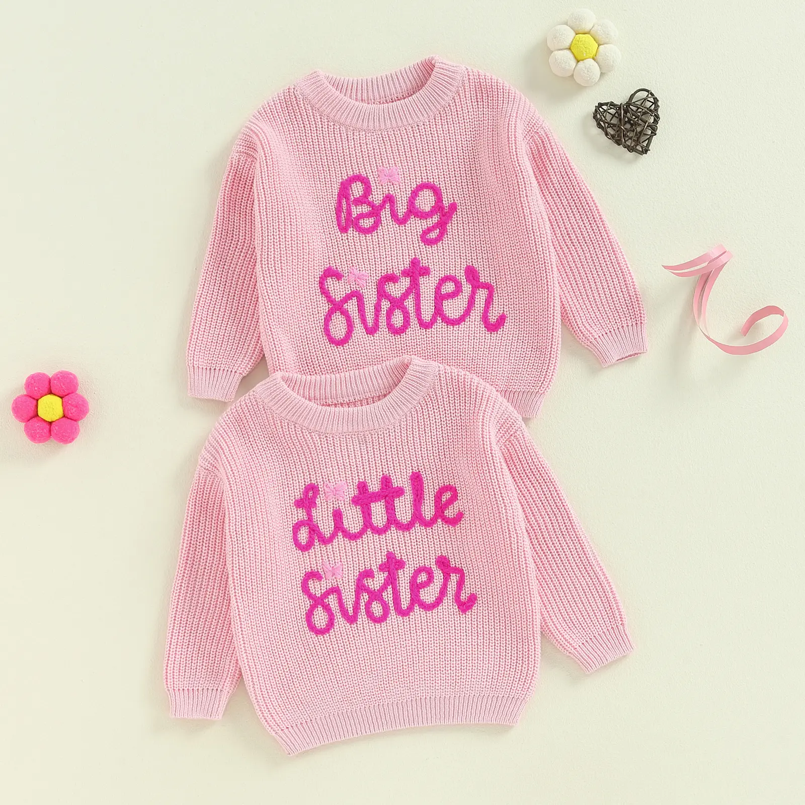 Kids Toddler Girls Cute Sister Sweater Long Sleeve Round Neck Knitted Jumper Fall Winter Warm Knitted Pullover Tops 0-5 Years
