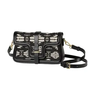 Women's Aztec Pattern Faux Leather Crossbody-Shoulder Bag, High-Quality Small Black Wallet with Zip, Credit Card Slots & Cell Phone Pocket