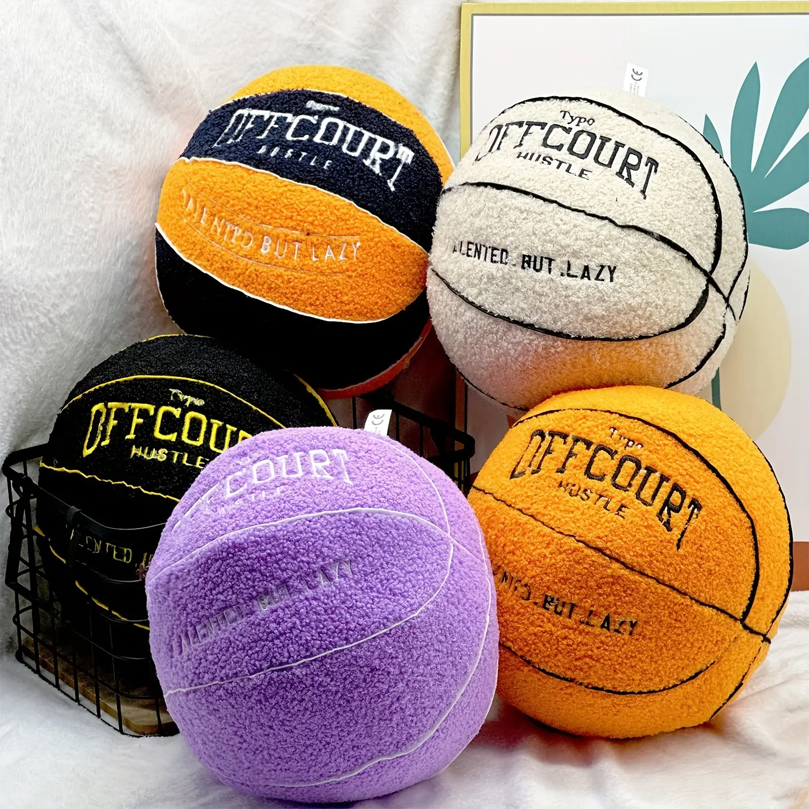 25Cm/9.84In 5 Designs Offcourt Basketball Playthings Soft Basketball Plush Toys Imitation 3D Basketball Cuddly Plush Sports-Themed Birthday And New Year Presents