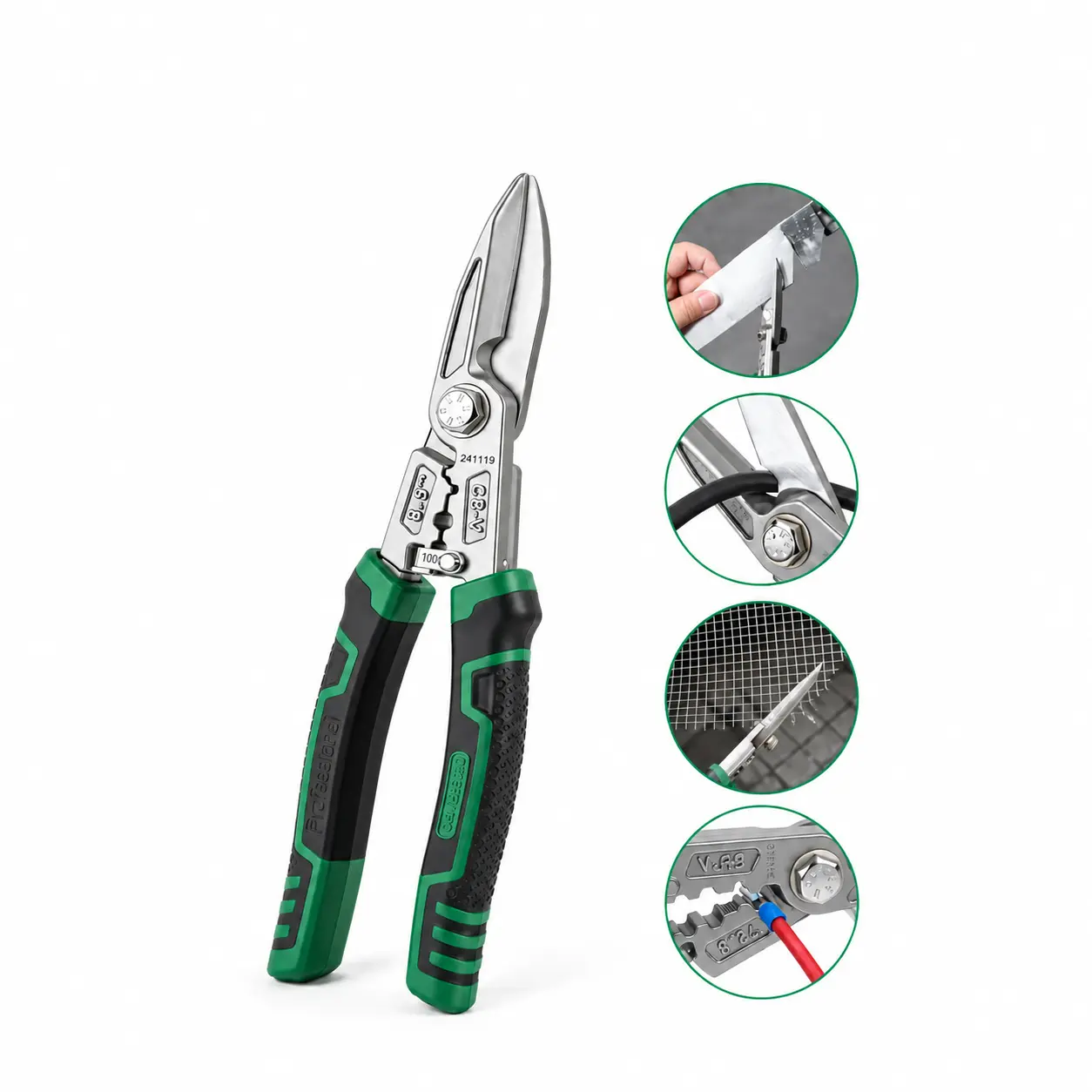 1 x 5-in-1 CR-V Steel Tin Snips - Compact Multi-Tool with Heavy-Duty Metal Shears, Comfortable Handle, Wire Cutter, Stripper, Crimper for Indoor Furniture Installation, Cable Cutting, Light Steel Keel Control
