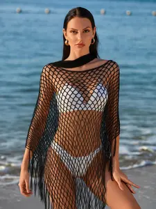 Spring Summer Fishnet Fringe Multifunctional Shawl, Beach Sun Protection Top, Hollow Out Set, Versatile Fashion Accessory, Beach Cover Ups