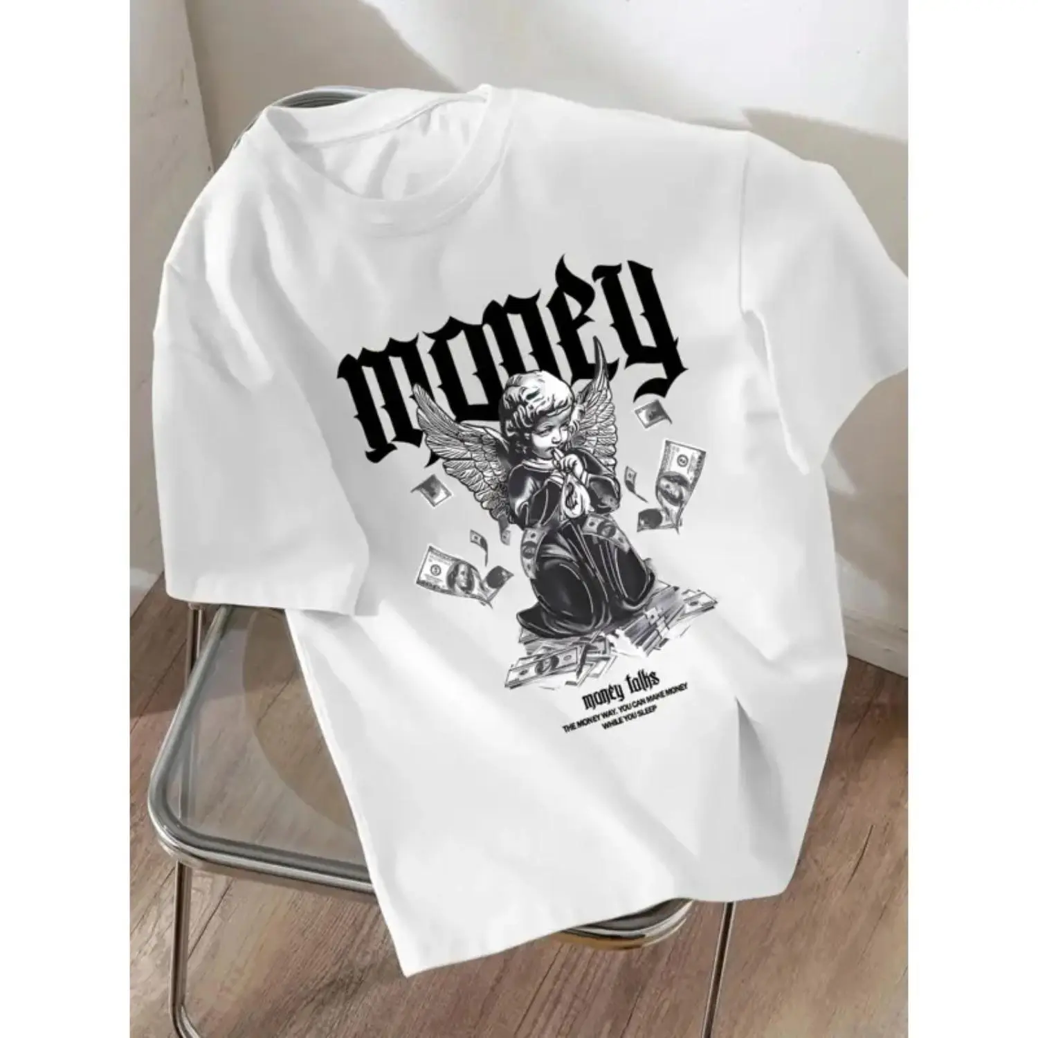 Grunge Spiritual Angel Money Mindset Oversized Tee, Gothic Script Cherub Art Casual Unisex Street T-Shirt