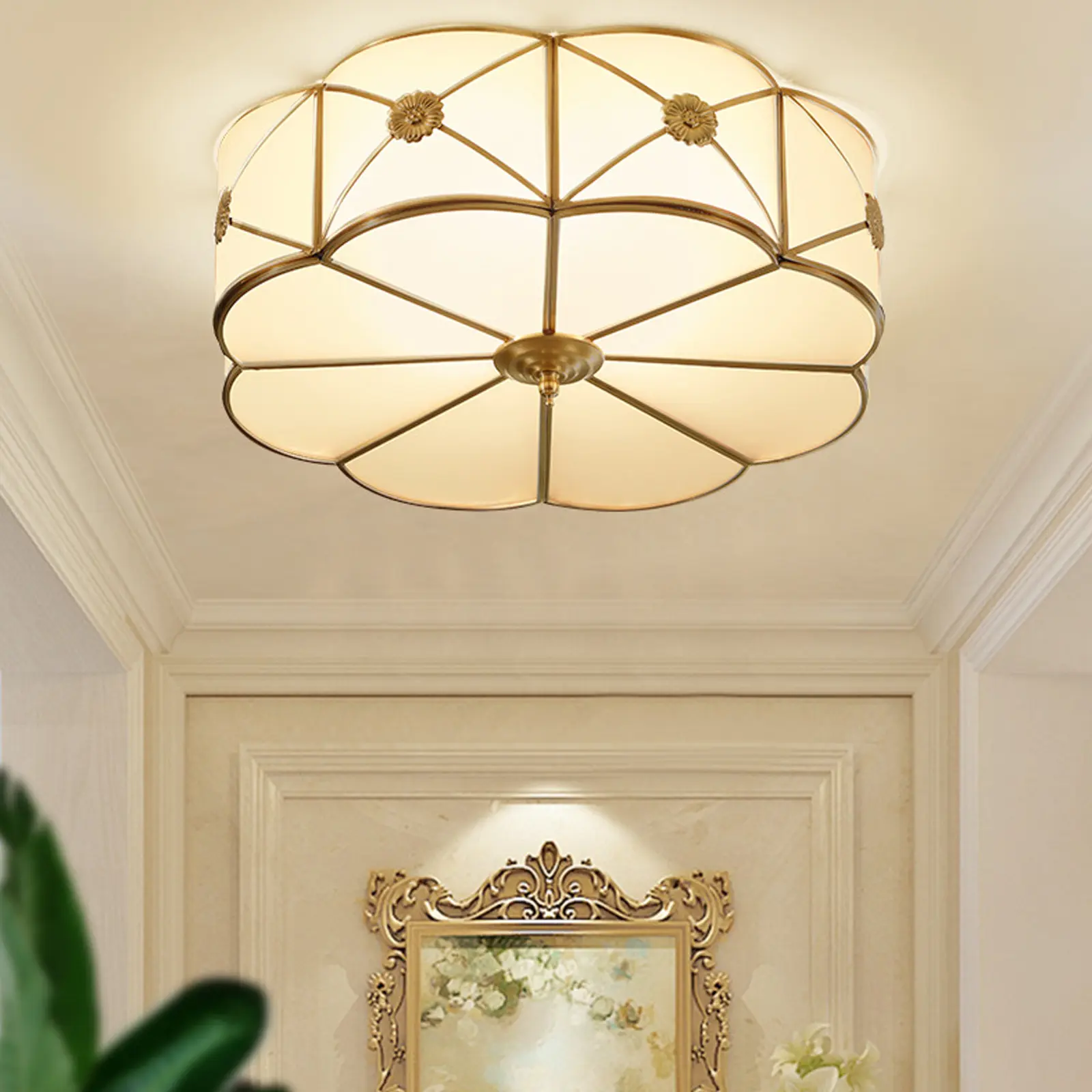 3-Light Contemporary Flower-Shaped Copper & Glass LED Flush Mount Lamp, E27 Bulb Base, Golden Yellow Warm Glow Indoor Lighting Fixture for Living Room, Basement