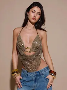 Women's Backless Sequin Decorated Halter Neck Top, Suitable For Cocktail Party, Music Festival, Gathering, Party, Sequin Top, Brown Top, Beach For Women