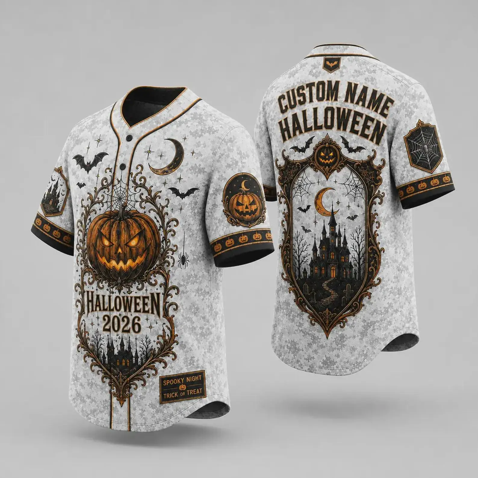 Custom Halloween Baseball Jersey, Personalized Spooky Jack O' Lantern Shirt, Haunted House Castle Apparel, Trick or Treat Party Uniform