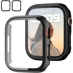 2 Pack Case with Tempered Glass Screen Protector for Apple Watch Series 6/5/4/SE 44mm,Slim Guard Bumper Full Coverage Hard PC Protective Cover HD Ultra-Thin Cover for iWatch 44mm,Black+Black