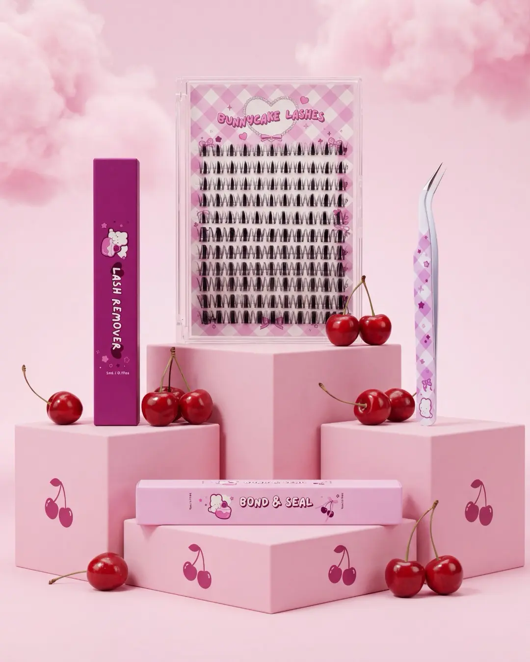BunnyCake Lash Kit Complete At Home Extension System with Clusters Bond Seal Glue Remover Tweezers for Natural to Full Glam Lashes - Makeup, Eyelashes