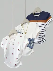 Summer New Korean Style Loose Fit Slimming Three-Piece Set Women's Short Sleeve Round Neck T-Shirts, Cherry Embroidery, Floral Print, Striped Design