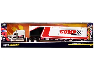 International LoneStar Enclosed Car Transporter "Comp Cams" White and Black with Stripes 1/64 Diecast Model by Maisto