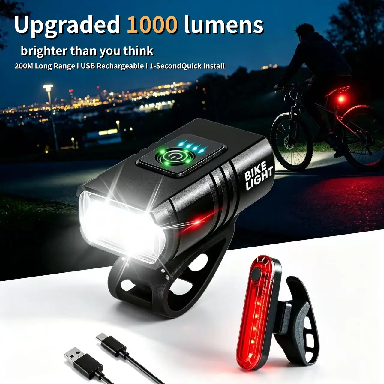 Upgraded 1000 Lumens Premium Aluminum Alloy Bike Light Set, USB Rechargeable Front & Rear Bicycle Lights, 6+4 Lighting Modes for Night Riding, Mountain Bike & Daily Commute