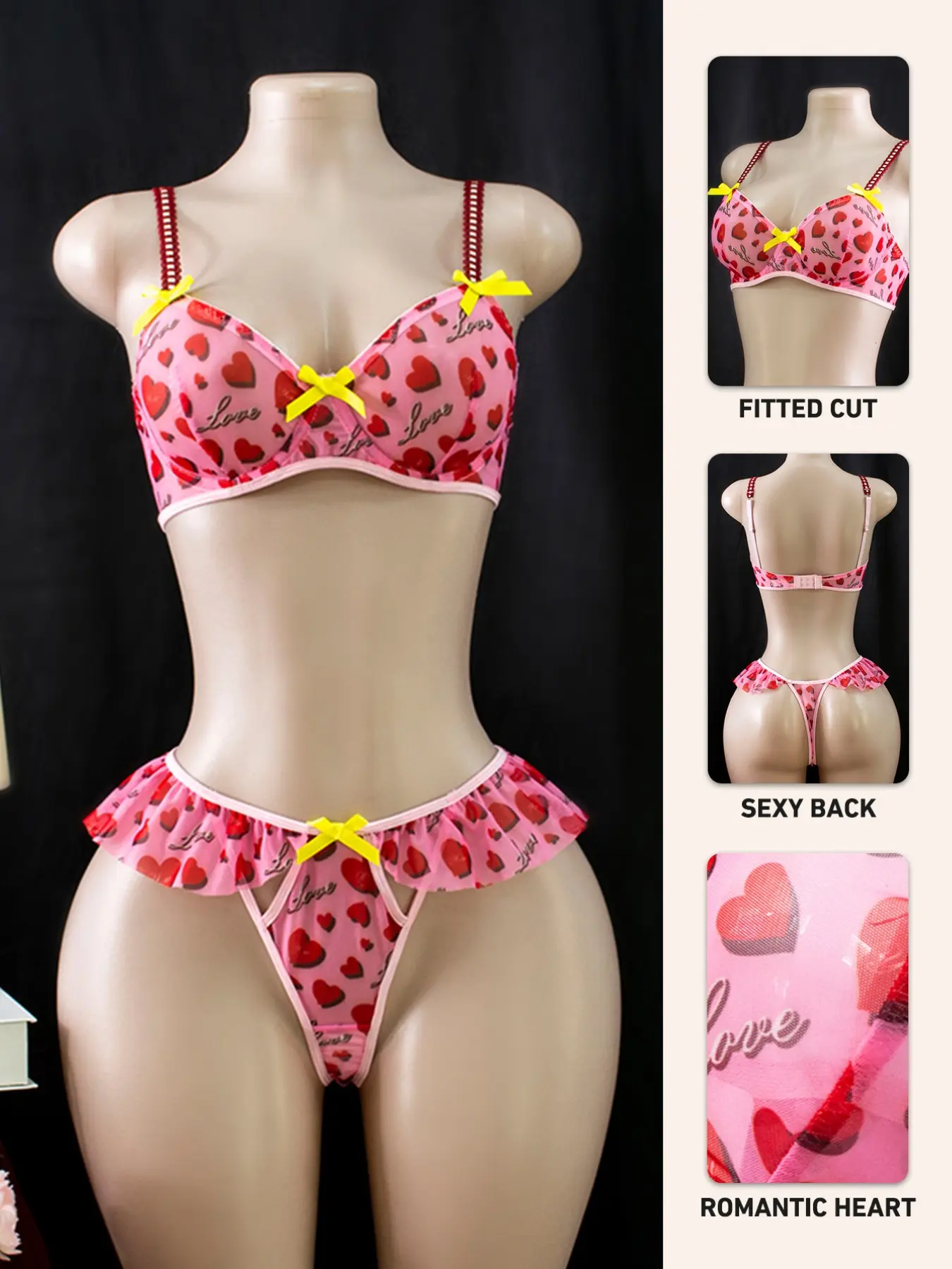 Women's Heart Print Bow Underwire Bra Set, Sweet Cute Style, Max Support, Unlined, Perfect for Parties and Holidays, Valentine's Day Gift