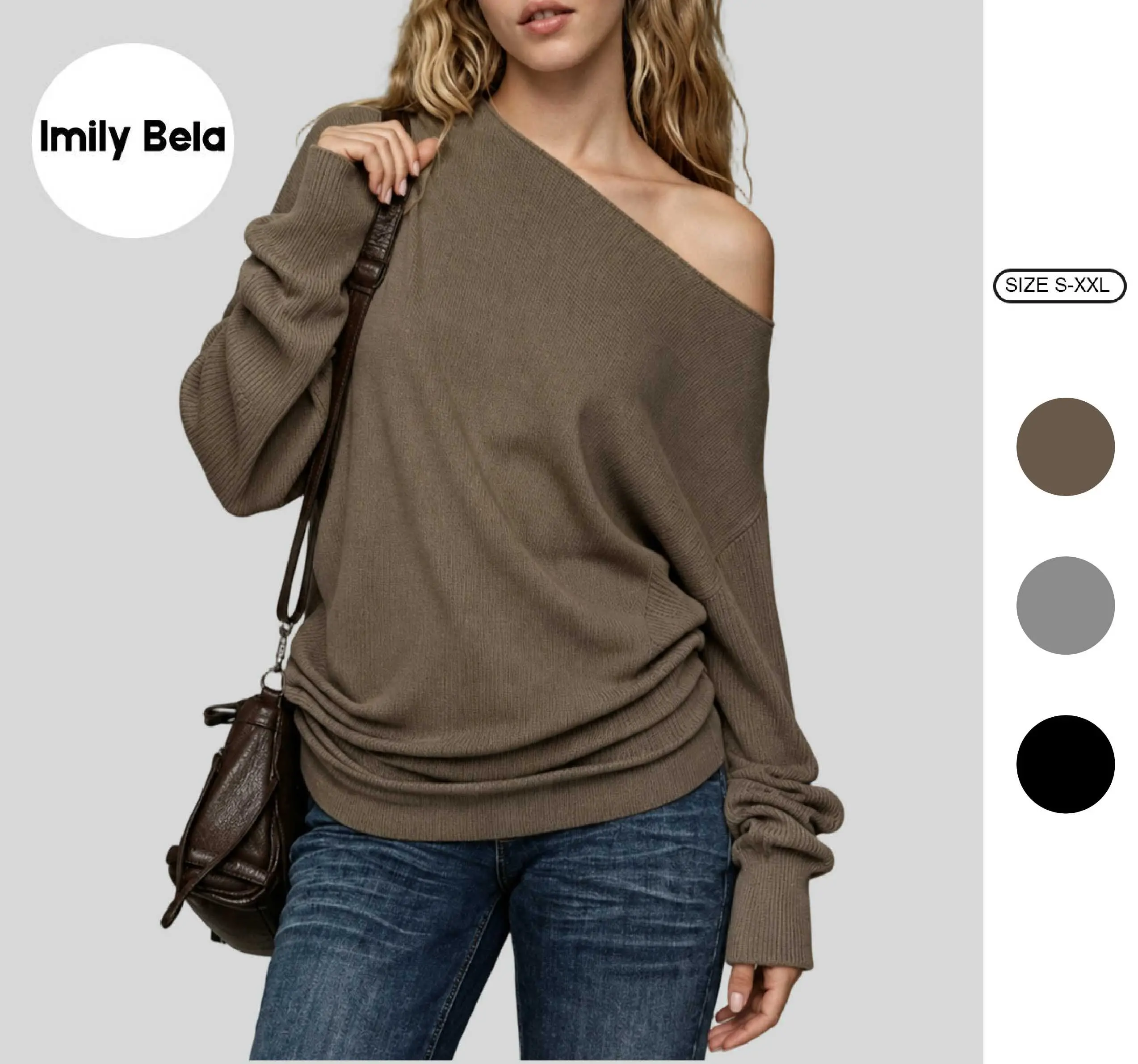 Imily Bela Womens Off The Shoulder Sweater  Women's Asymmetrical Cold Shoulder Ribbed Knit Top Side Ruched Loose Long Sleeve Casual Blouse