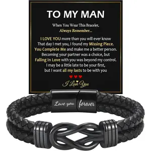 Gifts for Men- 8.5" Black Braided Leather Infinity Knot Bracelets for Him Husband Boyfriend, Personalized Mens Bracelet Jewelry Gift for Birthday Christmas Anniversary Valentine's Day