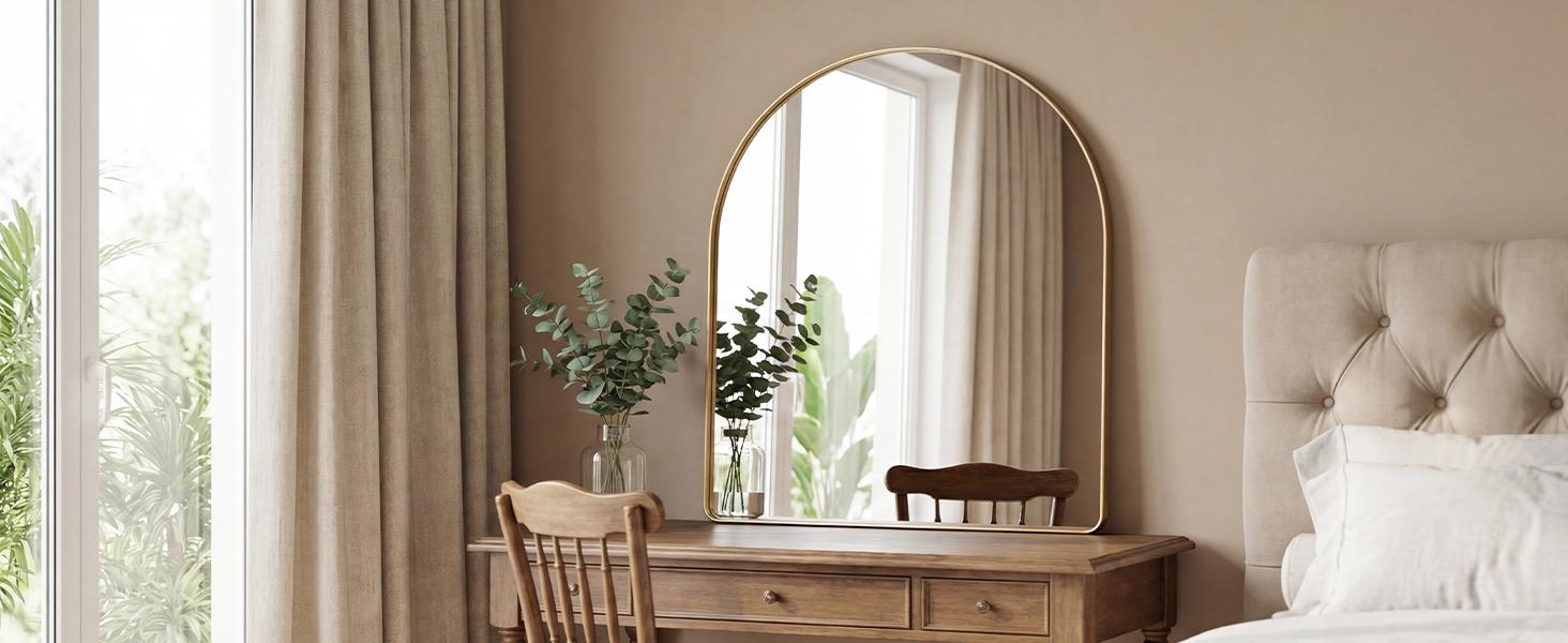 Luxury Arched Bathroom Mirror - Arch Wall Mirror with Shatterproof Tempered Glass and Metal Deep Frame, Hanging or Leaning for Living Room, Dresser, Entrance and Hallway