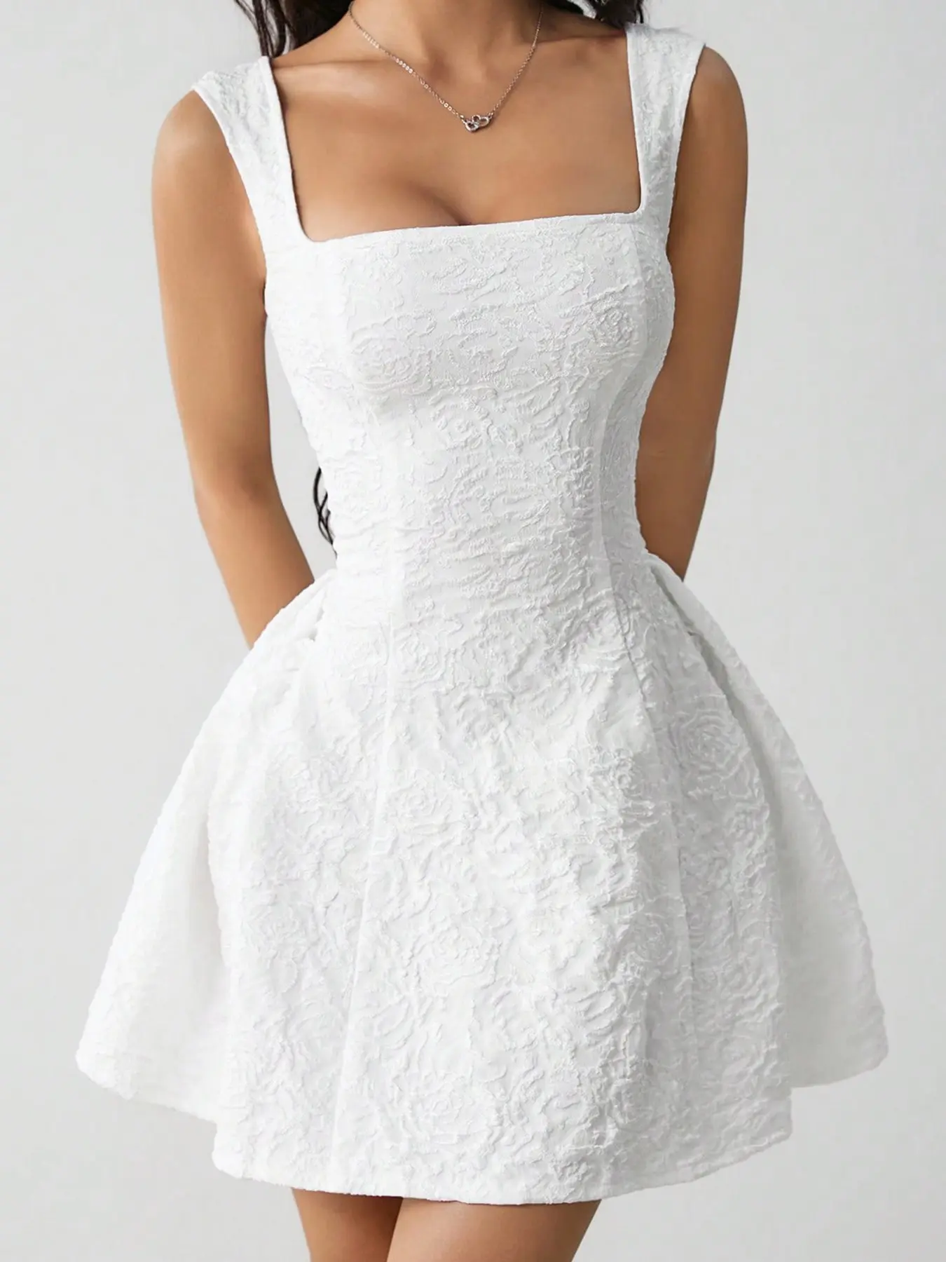 Women's Dress, Chic Summer White Strap Dress, Party Elegant Formal Open-Back Fluffy Women's Dress, Textured Fabric with Zipper Closure Design, Daily Wear & Party