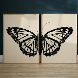 Black Sketch Butterfly Printable Wall Art Set of 2, Butterfly Print, Split Butterfly Wings Art Print, Bedroom Wall Art, Unframed