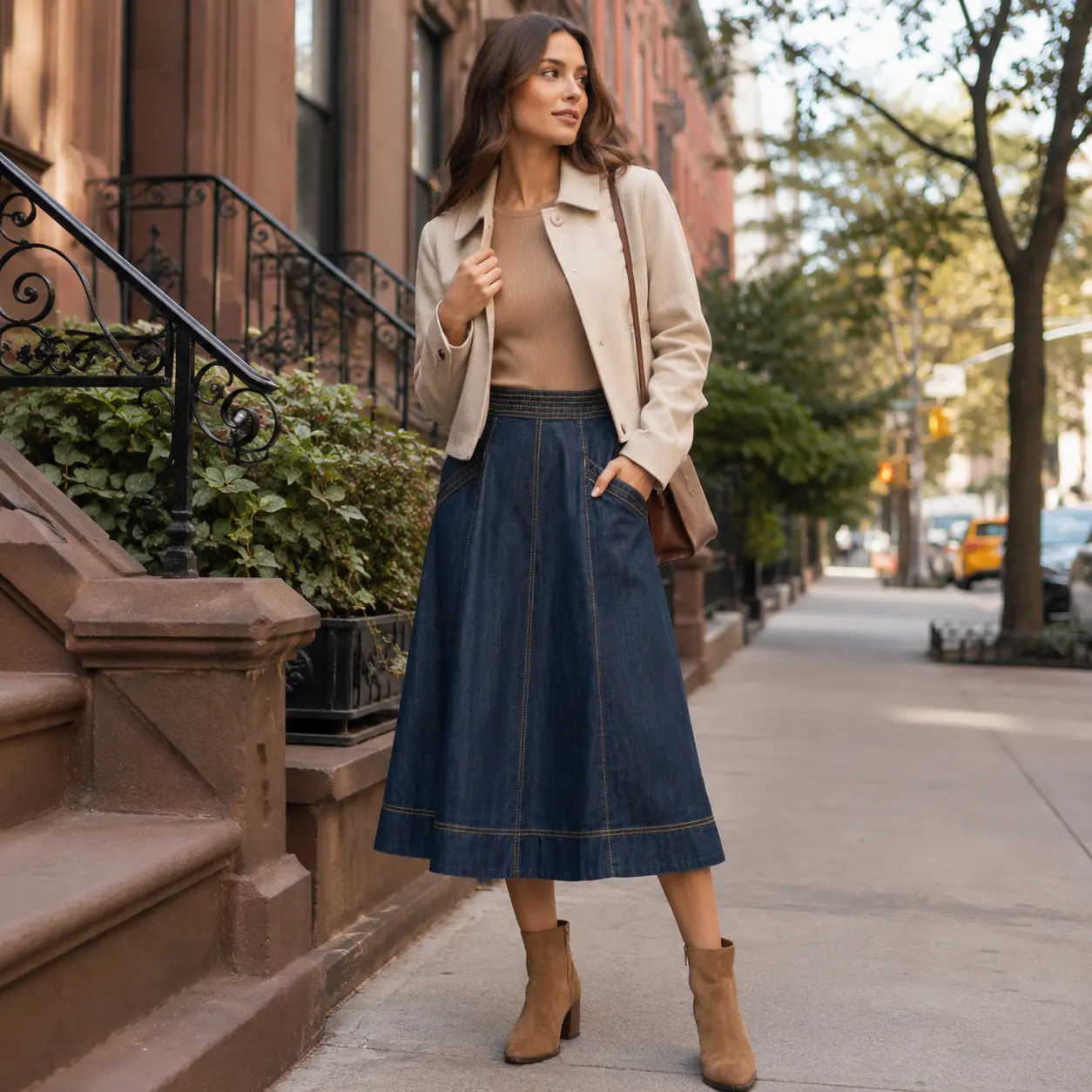 Dark Blue Denim Midi Skirt, High Waisted A-Line Jean Skirt with Elastic Waist, Side Pockets, Contrast Stitching, Casual Street Style Skirt
