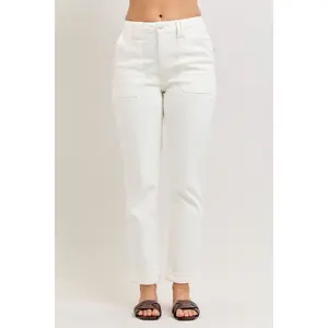 Judy Blue High Waist Aurora Weekender Garment Dyed White Cuffed Slim Straight Jogger Denim Jeans 881083