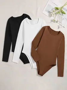 Teenagers Children Plain Long Sleeve Basic Bodysuit 3 Pack, Slim Fit, Spring Summer Autumn Winter, Wearable Inside/outside