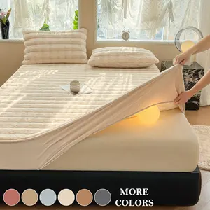 Luxury Faux Rabbit Fur Bedding Set, Soft Warm Fitted Sheet with 1/2 Pillowcases, Solid Color 3-Piece Bed Sheet Set, All Season Cozy Plush Bedding for Bedroom, Dorm, Sofa & Guest Room, Ideal Holiday Christmas Gift