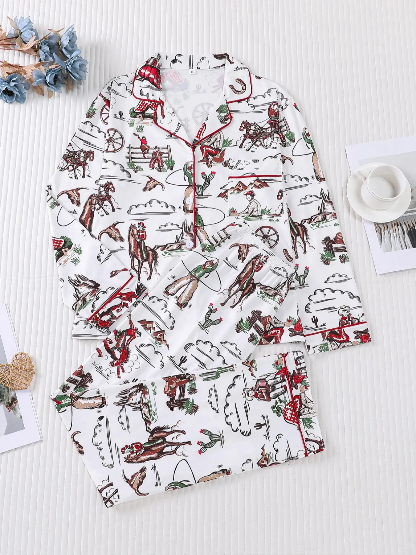2 Pieces Of Women's White Bottom Western Cowboy Denim Horse Print Long Sleeved Knitted Fitted Pants Pajama Set Pyjamas with Pockets Suitable for Comfortable and Elegant Casual Home Wear in All Seasons, Loungewear Nightwear Sleepwear Womenswear